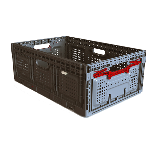 Caja plegable rejillada, con asas abiertas y sistema de cierre activo 600x400x219